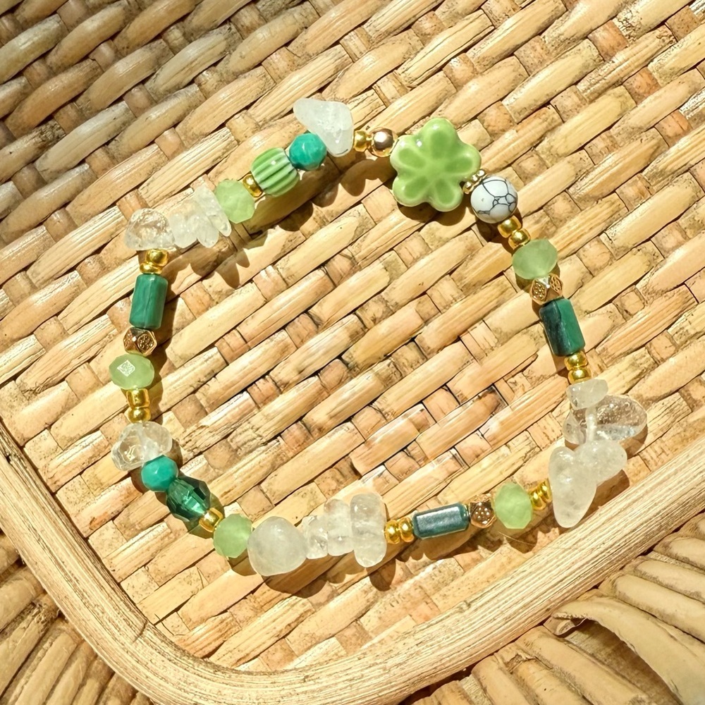 Green and Gold Crystal Beaded Stretch Bracelet